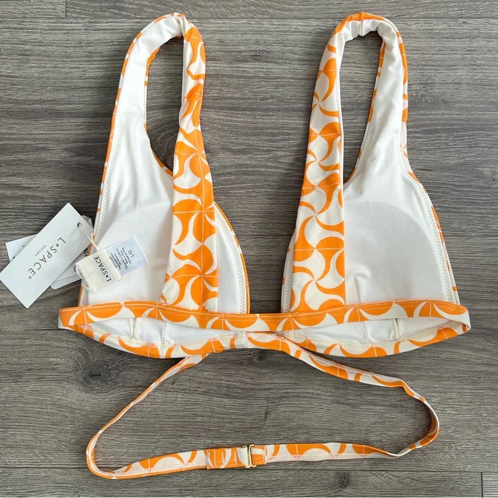 L*SPACE Avery Bikini Top Large Orange White Wrap Around Swimwear Retro 70s Boho